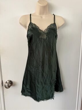 Lace-Trim Satin Slip Dress - Dark Green - XS